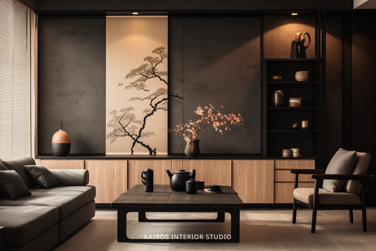 Japandi living room with elegant black and wooden accents, and tasteful cherry blossom decor