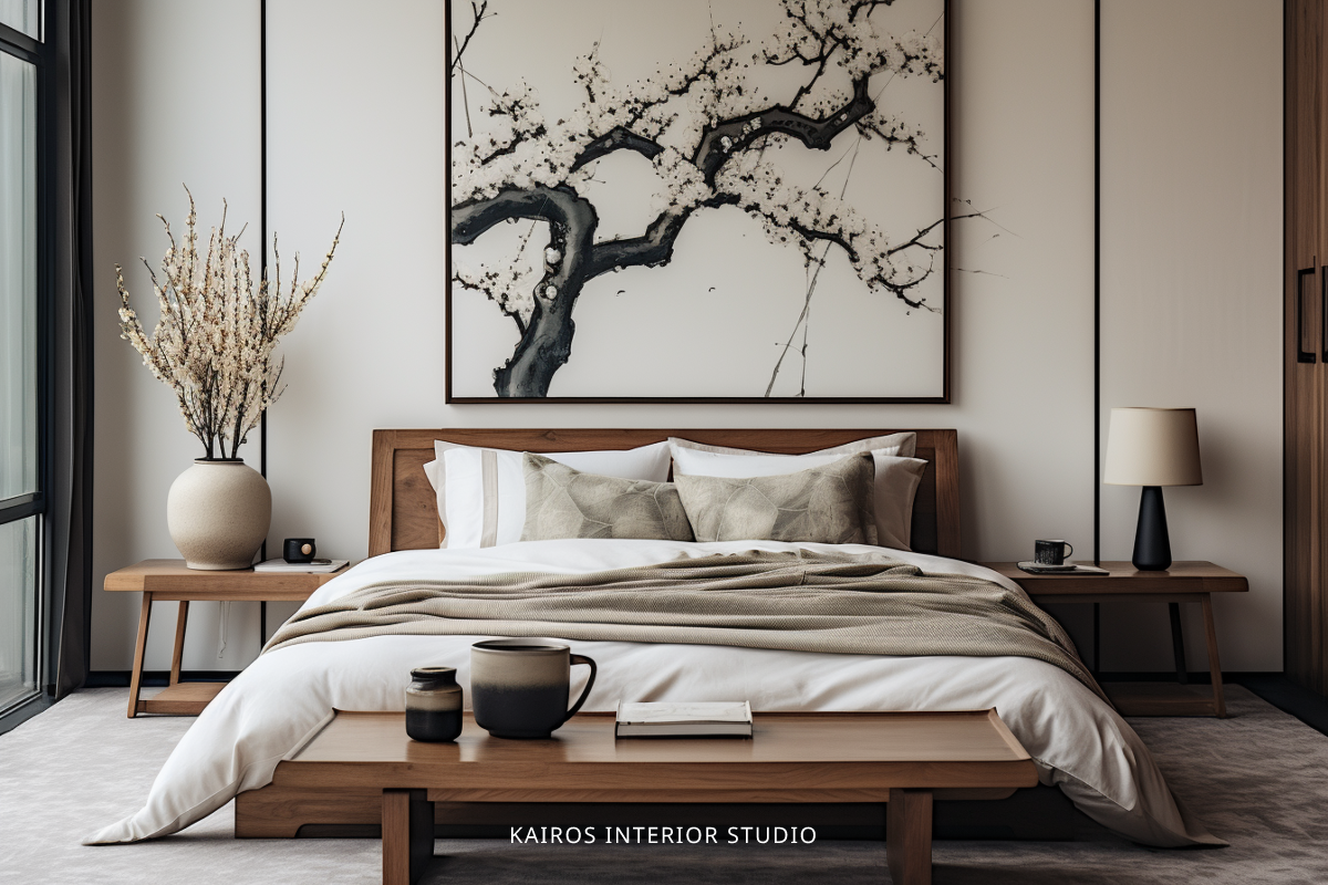 Japandi-style bedroom with a large cherry blossom art piece above the bed
